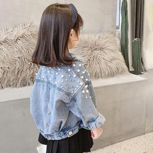 Children's Clothing 2023 Spring and Autumn New Children's Loose Long-sleeved Outerwear Girls Sweet Pearl Lapel Denim Coat
