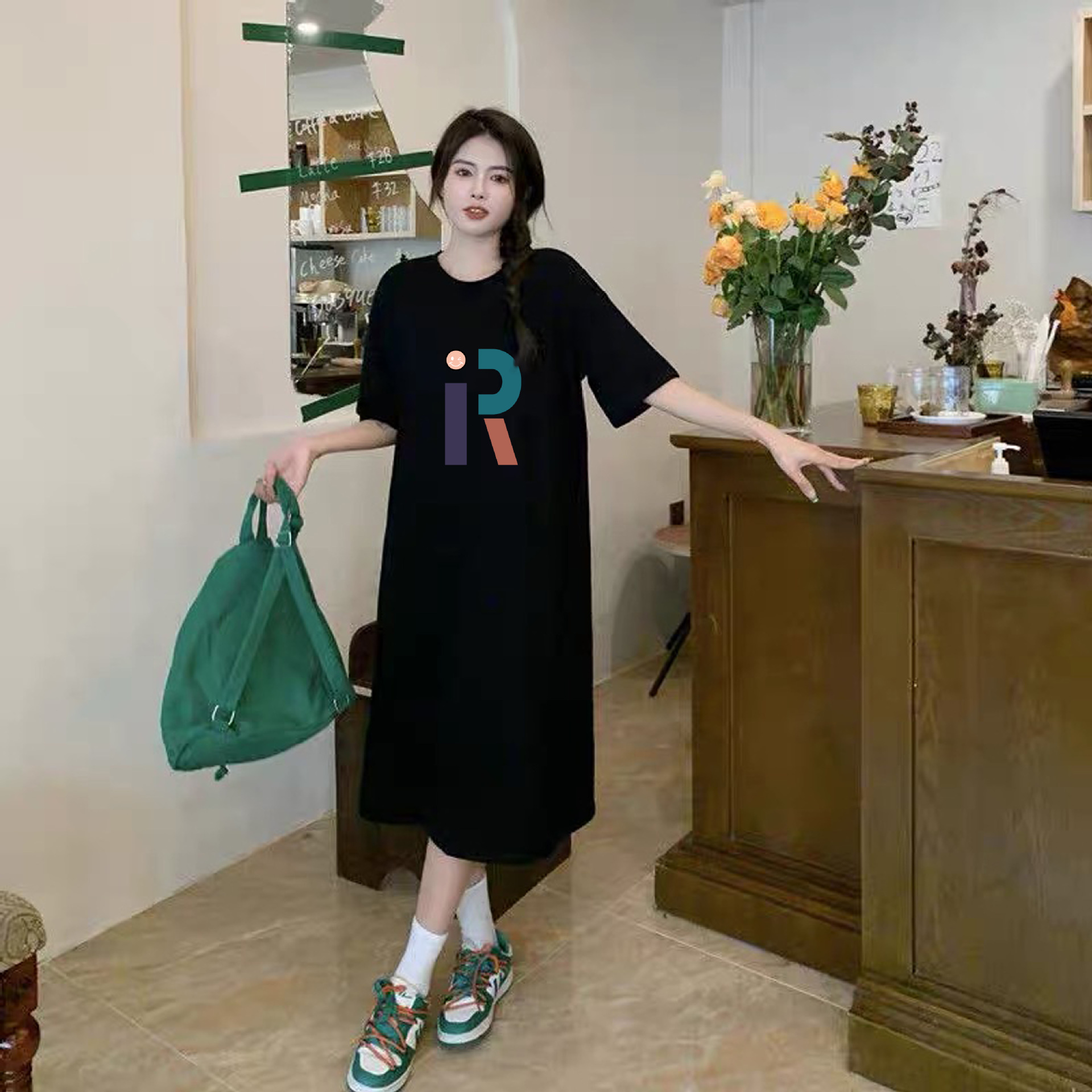 여성을위한 캐주얼 라운드 넥 짧은 소매 티셔츠 원피스 한국 스타일 느슨한 플러스 사이즈 중간 길이 원피스 오버 더 무릎 원피스 여름 패션