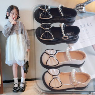 Tiger Star Spring and Autumn New Children's Leather Shoes Girls Fashion Bow Casual Shoes Girls Beaded Princess Shoes