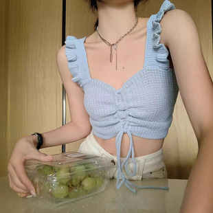 Knitted Drawstring Camisole Women's Summer 2024 New Fashion Navel Pleated Short Outer Wear Sleeveless Top