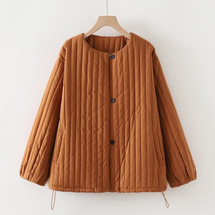 Winter New Cotton Clothes Korean Style Row Cotton Hem Drawstring Solid Color Round Neck All-match Casual Cotton-padded Jacket Women's 4862