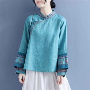 Spring and Autumn Double-layer Embroidered Long-sleeve Vertical Collar Slant Placket Cotton and Linen Top Women's Chinese Style Retro Zen Tea Clothes Shirt