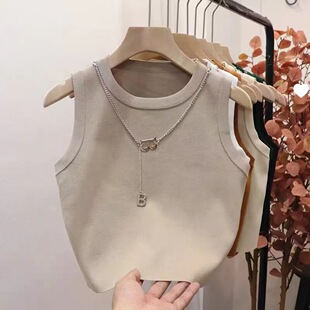 in stock Summer Round Neck Chain Knitted Slim-fit Casual Personality Bottoming Small Vest Solid Color Sleeveless Short Top B Bird