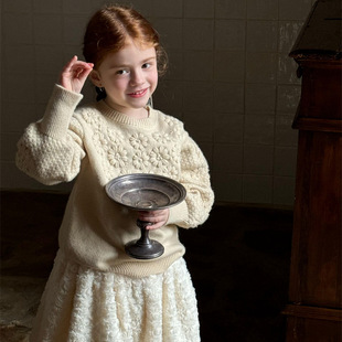 Orange 24 Winter Korean Style Children's Handmade Crochet Puff Sleeve Retro Sweater