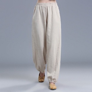 100 Cotton and Linen Vintage Bloomers Women's 2023 Summer New Arrival Leg Pants Loose Solid Color All-Match Casual Trousers