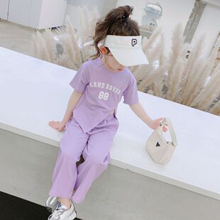 2024 New Summer suit Girls Split Letter Printed Baby Girl Two-piece Stylish Short-sleeved Fashionable Top