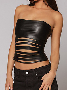 Ring Retro Color Hanging Neck Lace-Up Leather Vest American Style Hot Girl Sexy Backless Lace-Up Waisted All-Match Top