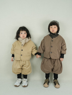 Children's suit Winter New Retro Boys and Girls fleece-lined Cotton-padded Coat Baby's fleece-lined Casual Pants Two-piece Set Trendy