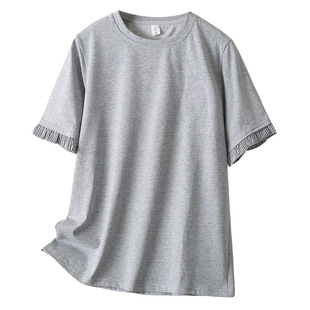 B26 chubby girl plus size Women's Spring and Summer New Loose Slimming Joker Round Neck T-shirt Lace Sleeve Short Sleeve T-shirt 831