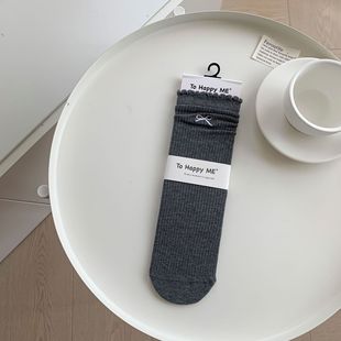 Cotton socks women's mid-tube socks anti-pilling boneless seam head Korean-style bow embroidery vertical strip all-match sweet new women's socks