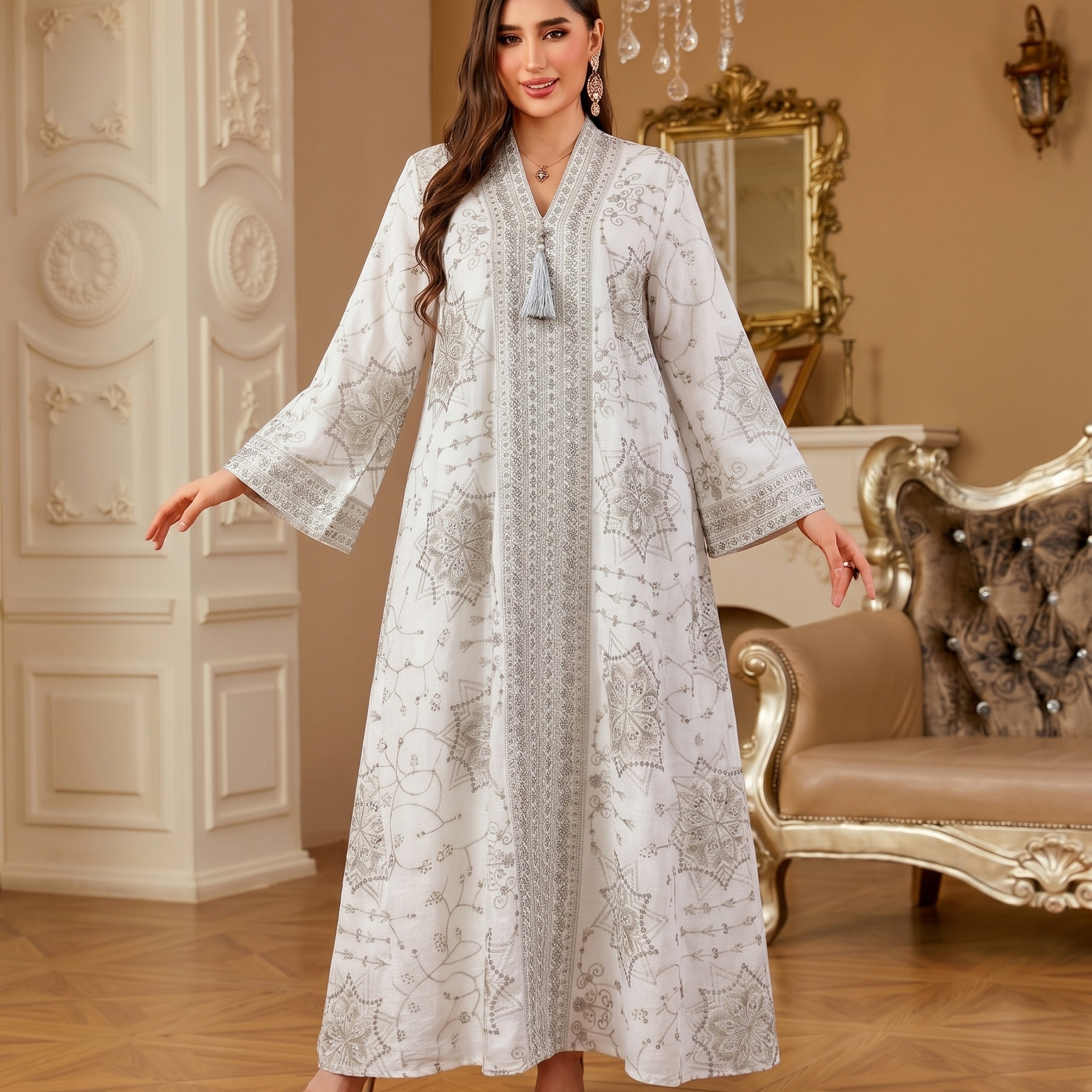 Kl2588 Cross-Border Women's Clothing Elegant and Fashionable Full-Length Embroidered Sequin Loose Dress New Foreign Trade Model in Stock