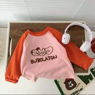 Children's Spring and Autumn new pure cotton children's clothing color matching boys and girls pure cotton cartoon printed round neck raglan sleeve children's T