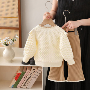 Girl's Sweater Coat 2024 New Knitted suit Bow Girl's Pants Two-Piece Set