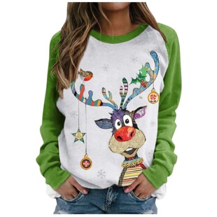 2023 Winter New Women's Digital Printed Sweat Pullover Round Neck Loose Casual Elk Printed 3D Sweat Thin