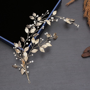 Wedding Dress Photo Studio Modeling Accessories Korean Style High-end Golden Leaf Bride Headdress Pearl Small Leaf Wedding Hair Band
