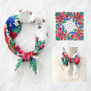 Spring and summer retro fashion Joker 70 imitation silk square scarf wholesale sunscreen chain cashew flower love horse small scarf silk scarf