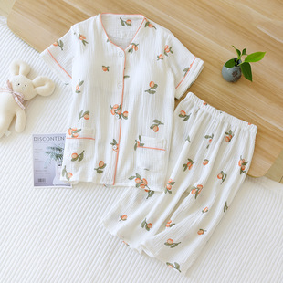 Pajamas with Chest Pad Women's Summer Cotton Gauze Short-sleeved Capri Pants Two-piece Japanese Style Sweet Home Clothes Set