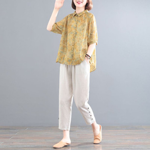 Cotton and Linen suit Women's Summer Chinese Style Artistic Retro plus size Loose Slim Two-piece Set Thin Western Style Mother's suit