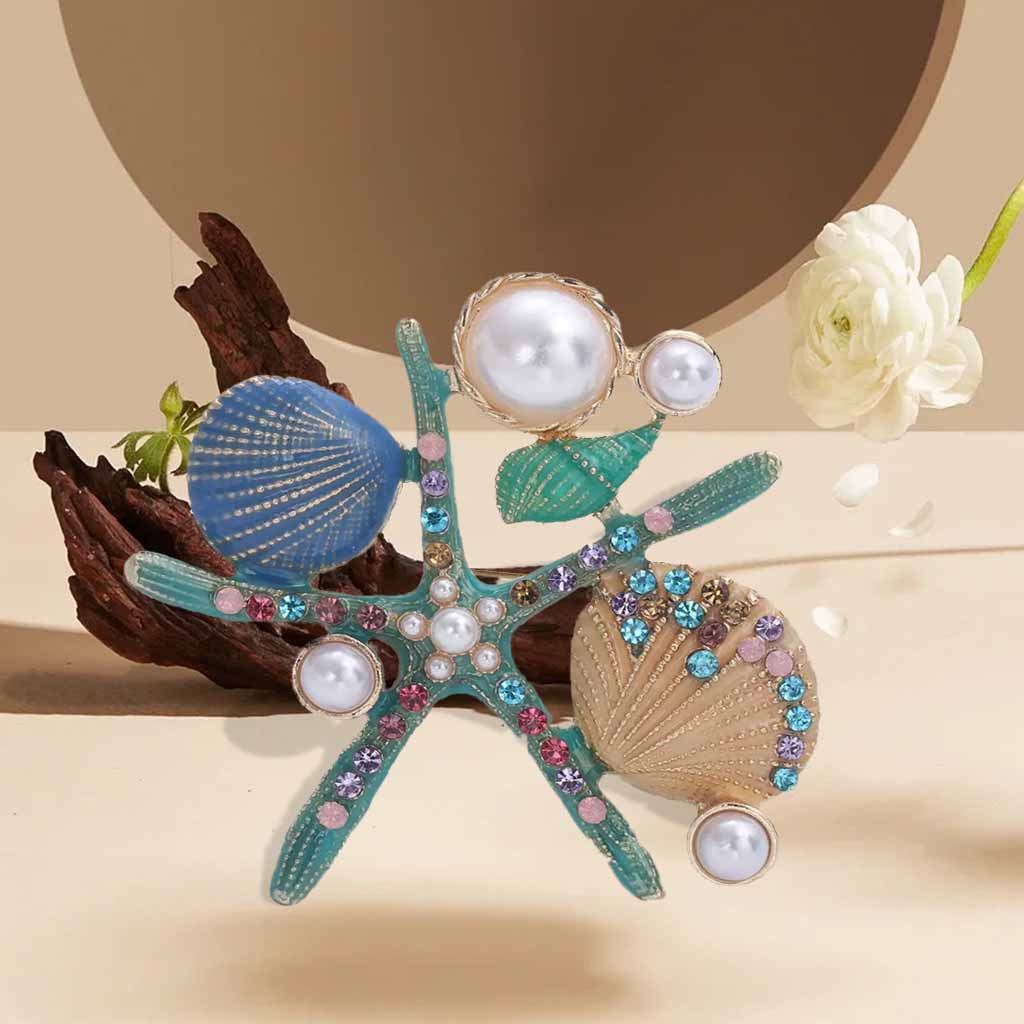 European and American Seaside Vacation Starfish Shell Brooch with Colorful Diamonds and Pearls, Versatile for Outings, Women's Color-Blocking Decorative Pin