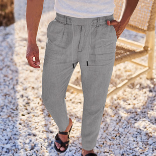 Cross-border Independent Station American Casual Men's Beach Trendy Button Loose Skin-friendly Breathable Sports Linen Trousers