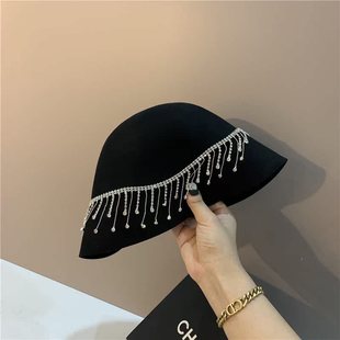 British Retro Rhinestone Tassel Wool Bucket Hat Women's Niche Elegant Basin Hat Warm and Versatile Fashionable Fisherman Hat