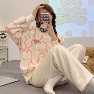 Autumn and Winter pajamas women's coral fleece thickened fleece-lined homewear student winter flannel pajamas plus size suit