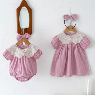 2025 New Summer Clothes Baby Clothes Girls Short-sleeved dress Women's Treasure Purple Flower Collar Bag Fart Clothes Sisters Summer Clothes