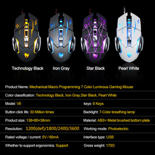 T-WOLF Thunder Wolf V6 Механическая мышь проводная игра светится