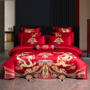 Shu Zunke | | High-end New Chinese Dragon and Phoenix Wedding Four-piece Wedding Red Embroidered Long-staple Cotton Wedding quilt Set