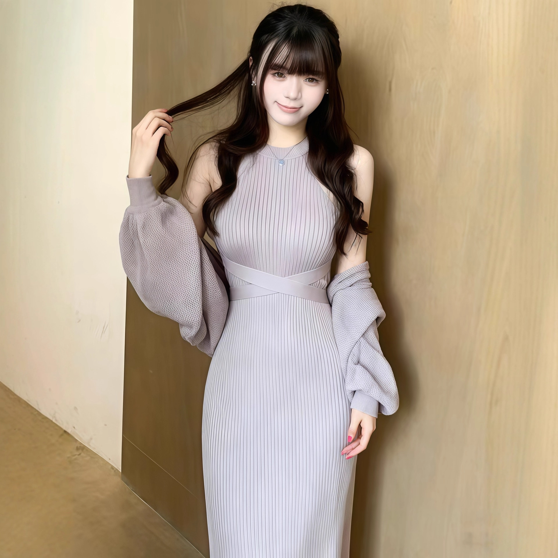 2025 Autumn and Winter Korean Style Gentle Style Pure Lust Elegant Slim Knitted Lantern Sleeve Design Blouse Dress Two-Piece Set
