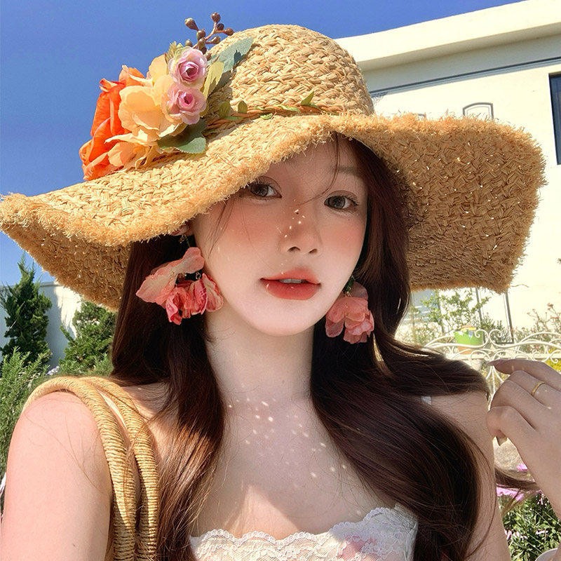 French-Style Floral Raffia Straw Hat for Women, Summer Beach Vacation, Large Brim, Uv Protection, Sunshade Hat