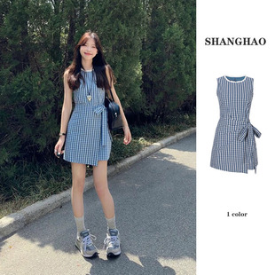 French Blue and White Plaid Lace-Up Vest dress Women's Summer 2025 New Elegant Casual All-Match Sleeveless Skirt