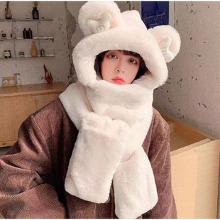 Hat scarf gloves three-piece set women's bear Internet celebrity Winter All-match scarf winter warm plush hat