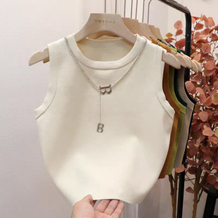 Ice Cool Silk Knitted Camisole Small Vest Women's Outer Wear Suit Inner Slim-fit Sleeveless Hot Girl Short Chain Top Trendy