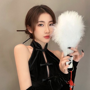 Ночью Шанхай Китайская Республика cheongsam перо волосы вентилятор танец пушистый гусиный перо складной веер старинный стиль реквизит фото