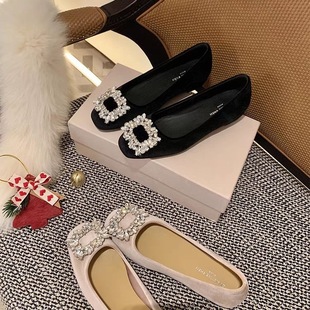 in stock Rhinestone Casual All-match Elegant Mary Jane Shoes Women's French Thick Heel Shallow Mouth Single-layer Shoes All-match Slip-on Women's Shoes