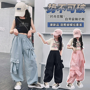 Girls' 2024 American Sports Crewneck Cartoon T-shirt Sweet Cool Style Pink Bow Wide Leg Crane Pants Set