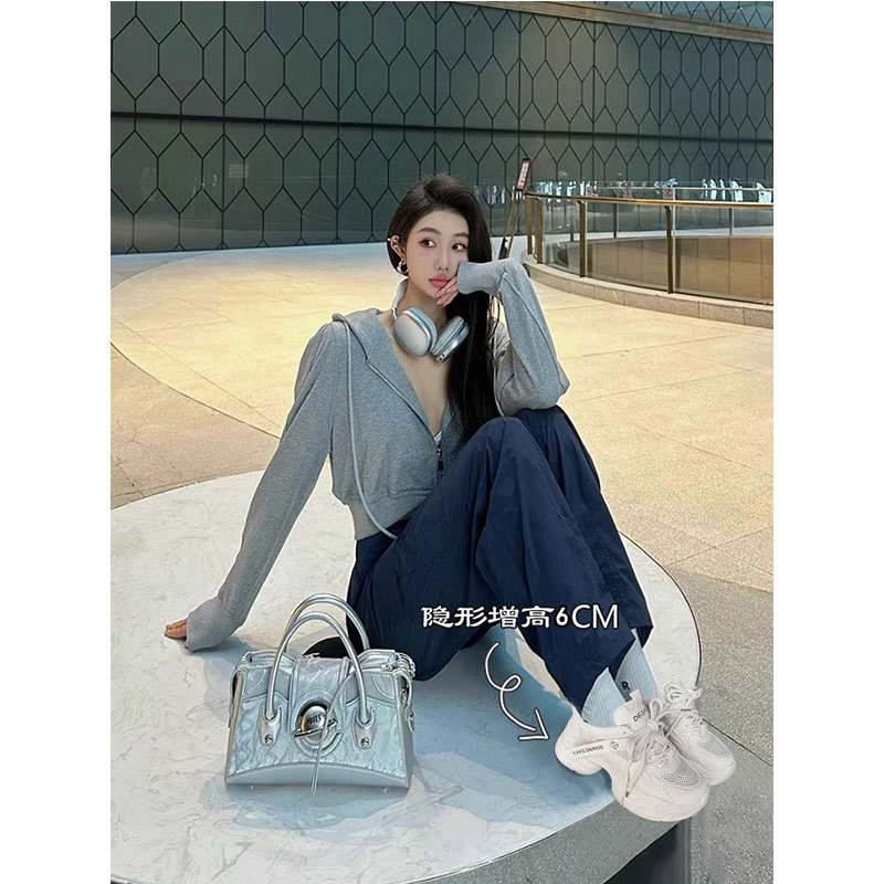 Women's Genuine Leather Chunk Shoes, Spring/Summer 2026 New Style, Mesh Breathable Thick Sole, Height Increasing, Lightweight Casual Sports Shoes