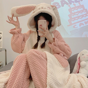 2024 autumn and winter new coral fleece hooded cardigan can wear cartoon cute warm home clothes two-piece set