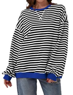 Cross-border European and American foreign trade women's clothing Amazon 2024 autumn and winter new striped round neck contrast color loose long sleeve sweater