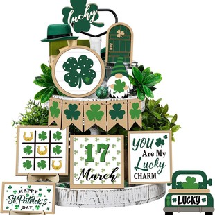14 Pieces St. Patrick's Day Tray Decorative Green Clover Truck Dwarfs Country Farmhouse Table Decorations