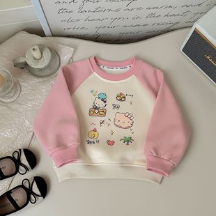 Ningli Girls' Children's Wear Autumn and Winter New Korean Children's Color-matching Cartoon Sweatshirt Baby Girl's Warm Fashion Top