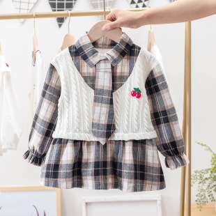 Spring and Autumn New Korean Style Baby Girl Children's Plaid Lasel Stitching Vest Academy Style Dress