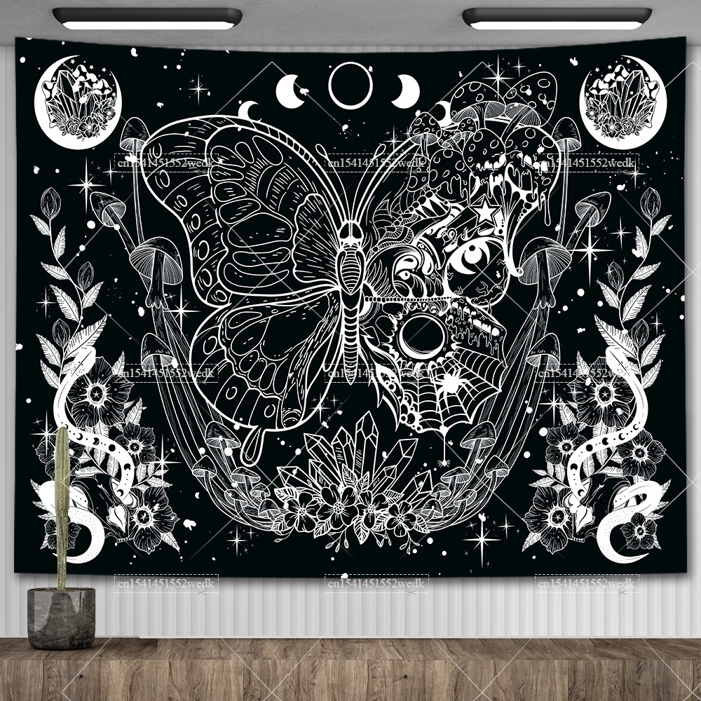 Skull Flower Tapestry Mushroom Skeleton Gothic Tapestry Aesthetics Room Decoration Moth Moon and Stars Wall Tapestry