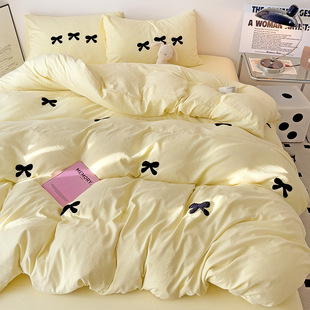 Class A Bow Washed Cotton Four-piece Set Student Dormitory Three-piece Set Skin-friendly Soft Single Quilt Cover Cotton Towel Embroidered