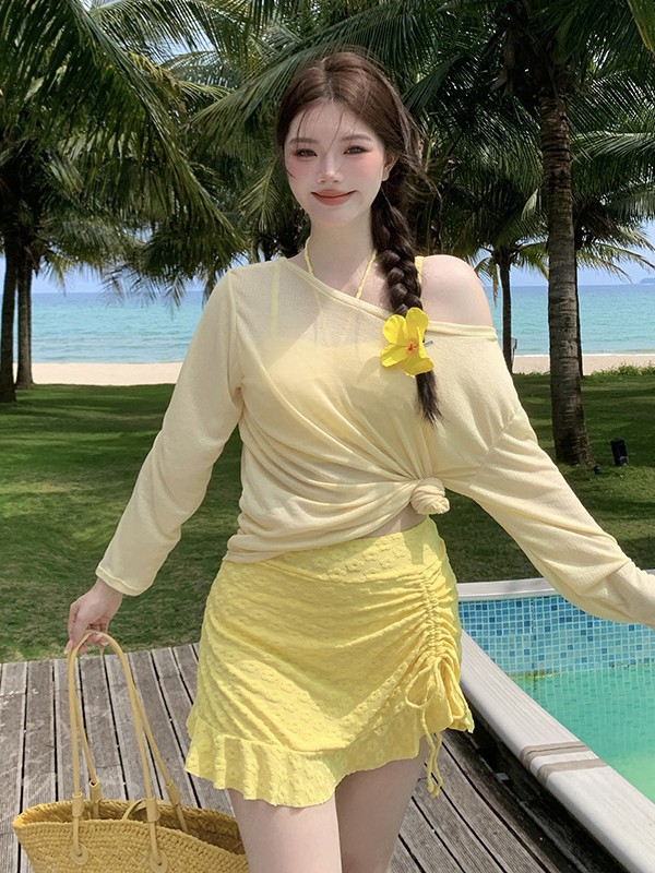 Wholesale Three-Piece Swimsuit Set for Women, Plus Size, Slightly Chubby, Cover-Up Dress Style, Slimming, Yellow, Sun-Protective, Beach, Hot Spring, Two-Piece Swimsuit
