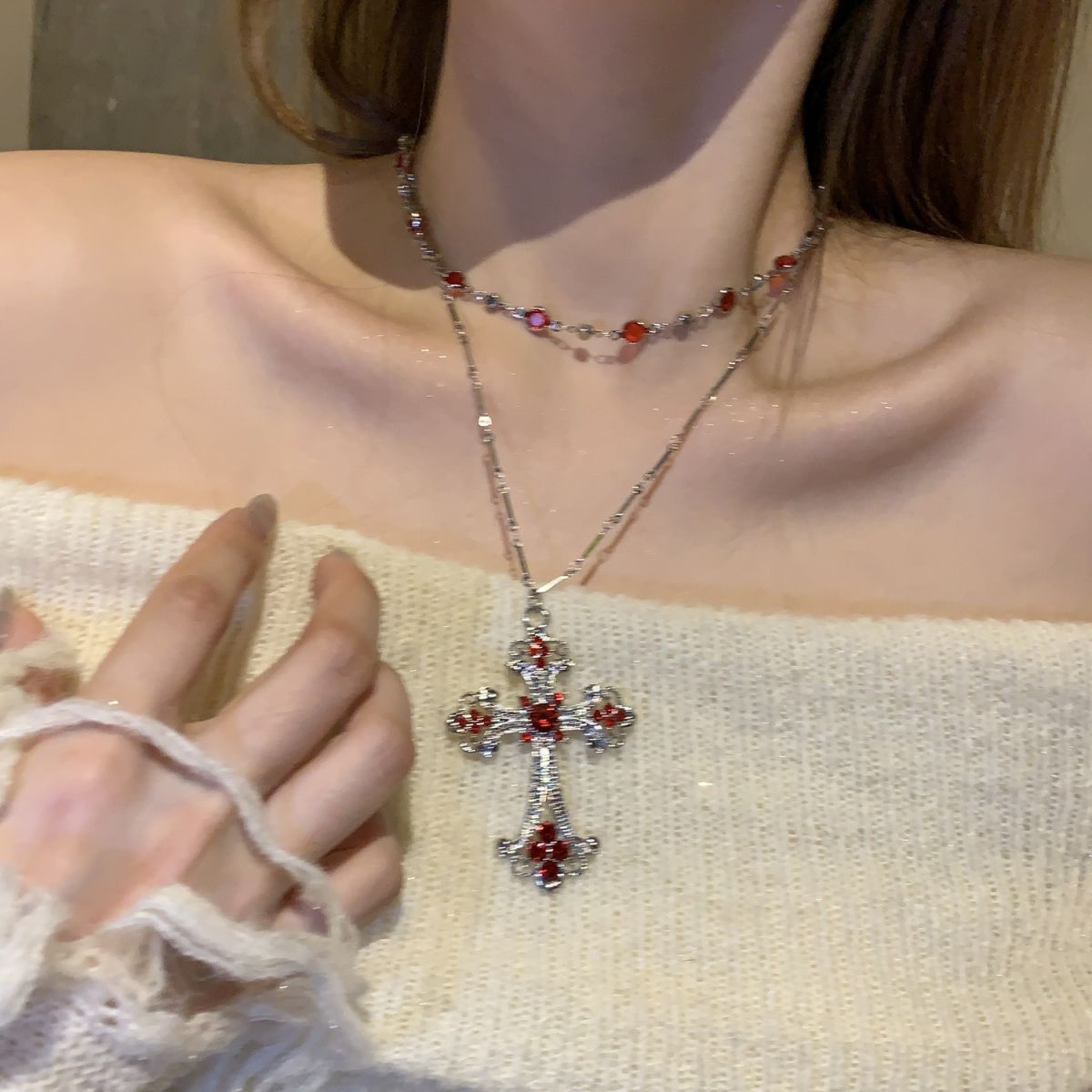 Gothic Style Punk Double Layer Red Cross Necklace Women's High Style Spice Girls Y2K Clavicle Chain Necklace Accessories