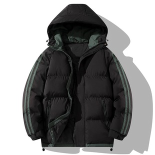 Cross-border Down Cotton-padded Jacket Men's Winter Two-bar Hooded Cotton-padded Coat Thickened Warm Striped Cotton-padded Coat plus size Couple's Bread Suit
