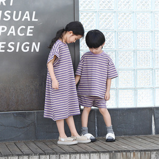 Parent-child clothing category a summer short-sleeved parent-child t-shirt boys and girls purple striped pure cotton bottoming shirt children's t-shirt category a