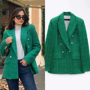Cross-border 2023 European and American-style new women's clothing 4-color texture double-breasted long suit jacket for women